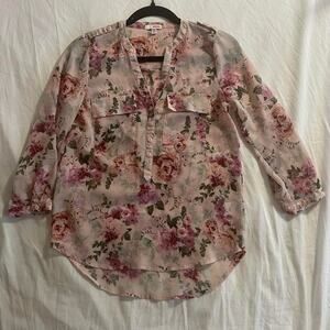 Pink Floral Chiffon Button Up Blouse Shirt Top
